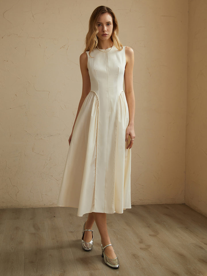 sleeveless pockets pleated midi dress Sleeveless Pockets Pleated Midi Dress
