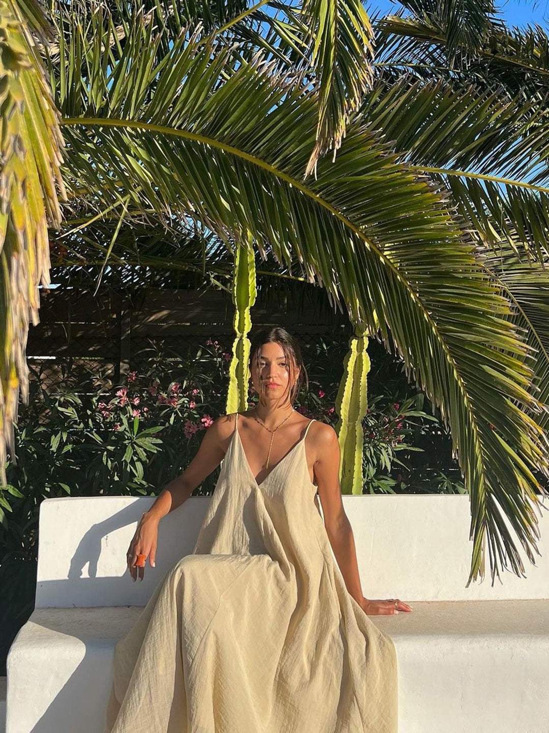 Double Layers V-neck Long Dress | COMMENSE