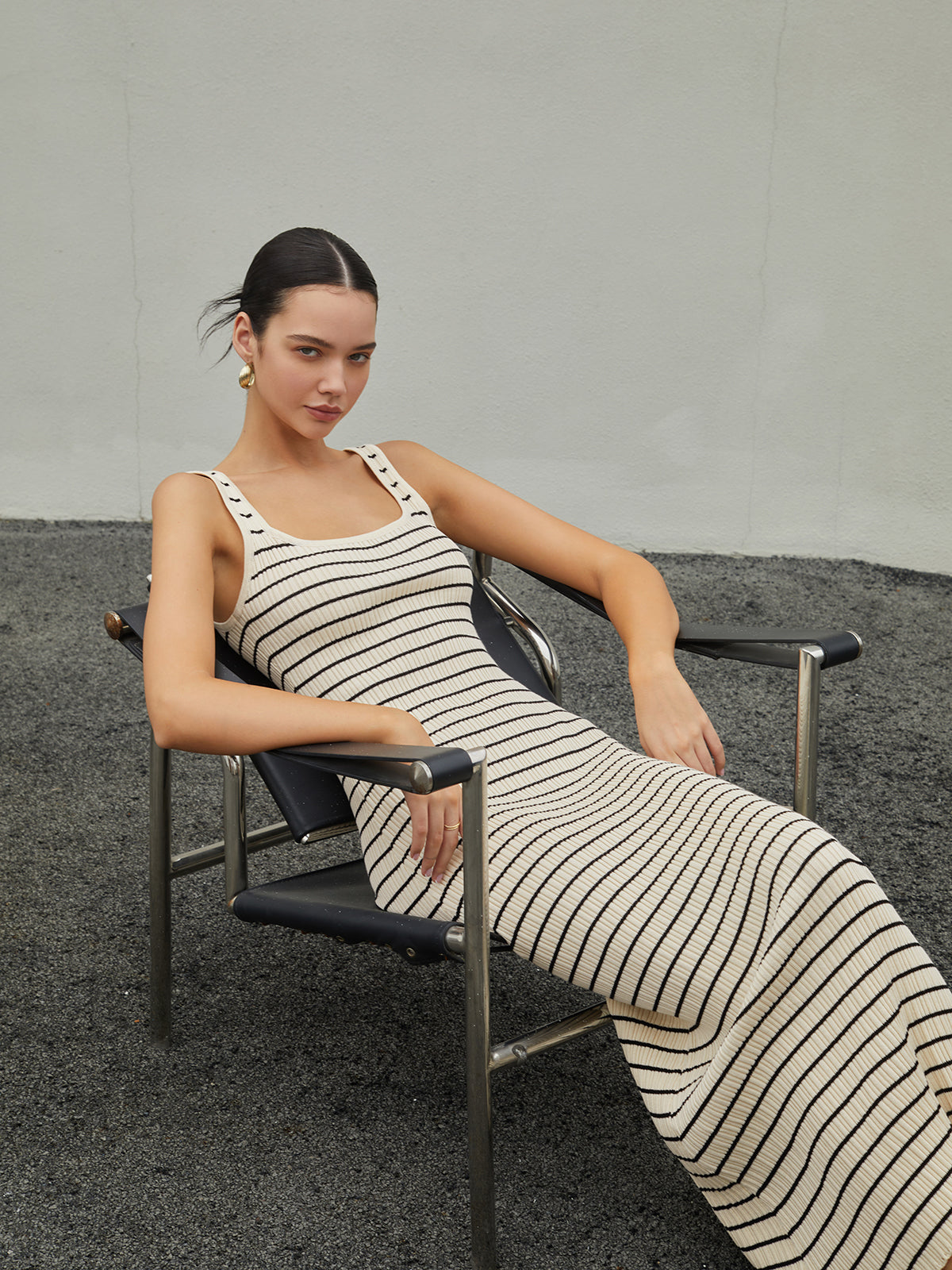 Old money aesthetics stripe long knit dress - Apricot