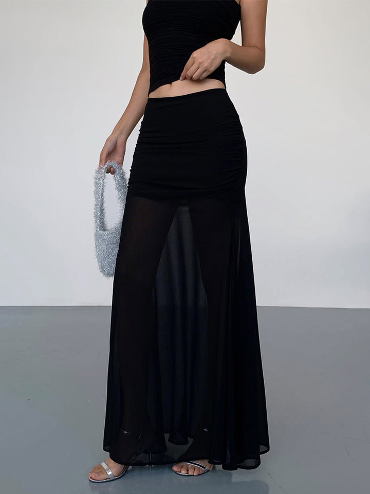 【BOHEMSEO】 SHEER LAYERED SKIRT, BLACK Blk Long Skirt Sheer Bottom – ShirtsNThingsAZ