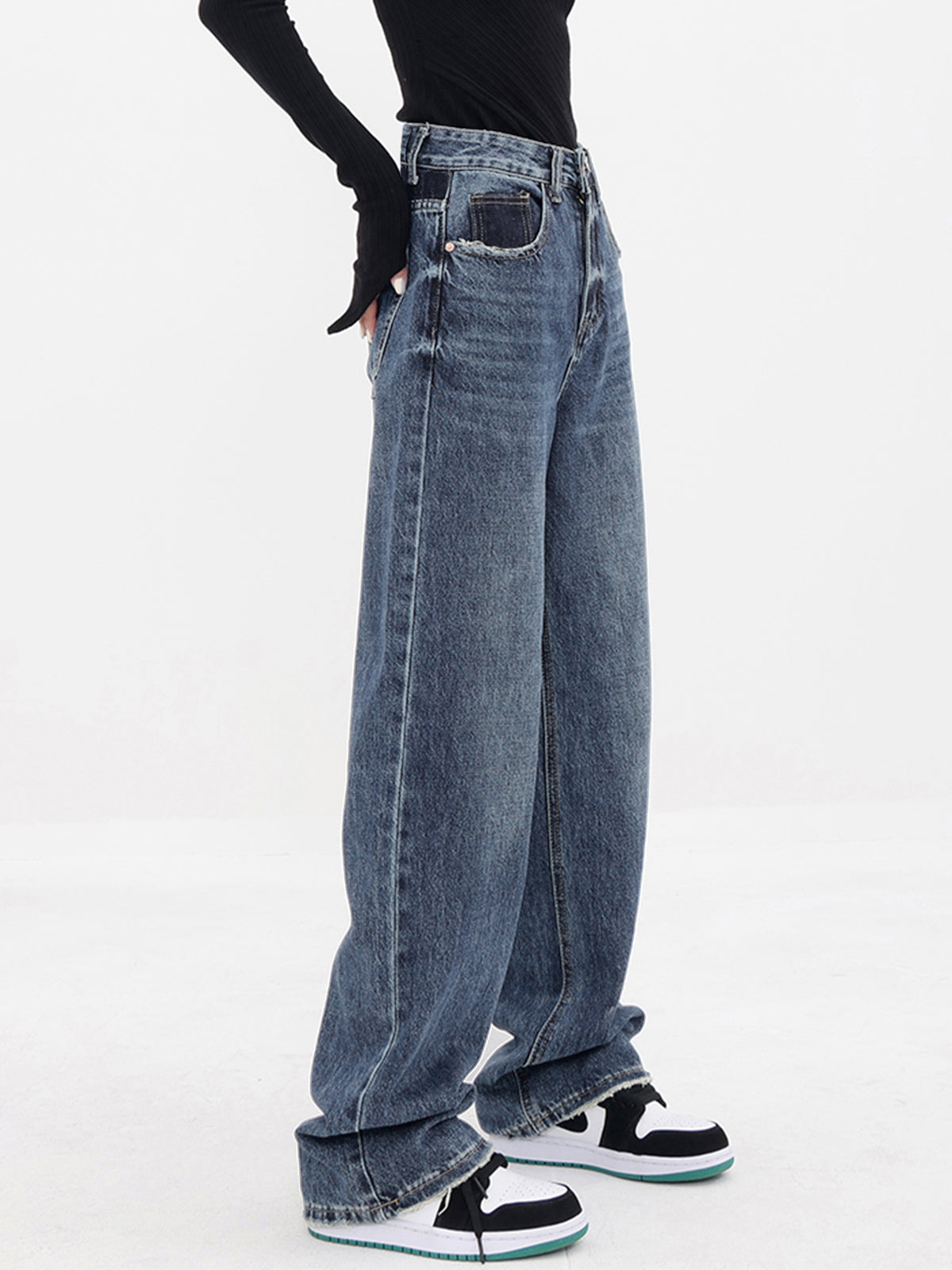 Patchwork Pockets Denim Wide Leg Boyfriend Jeans – COMMENSE