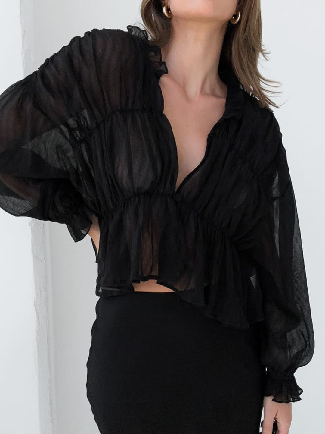 Sheer Chiffon Ruffle Detail Blouse – COMMENSE