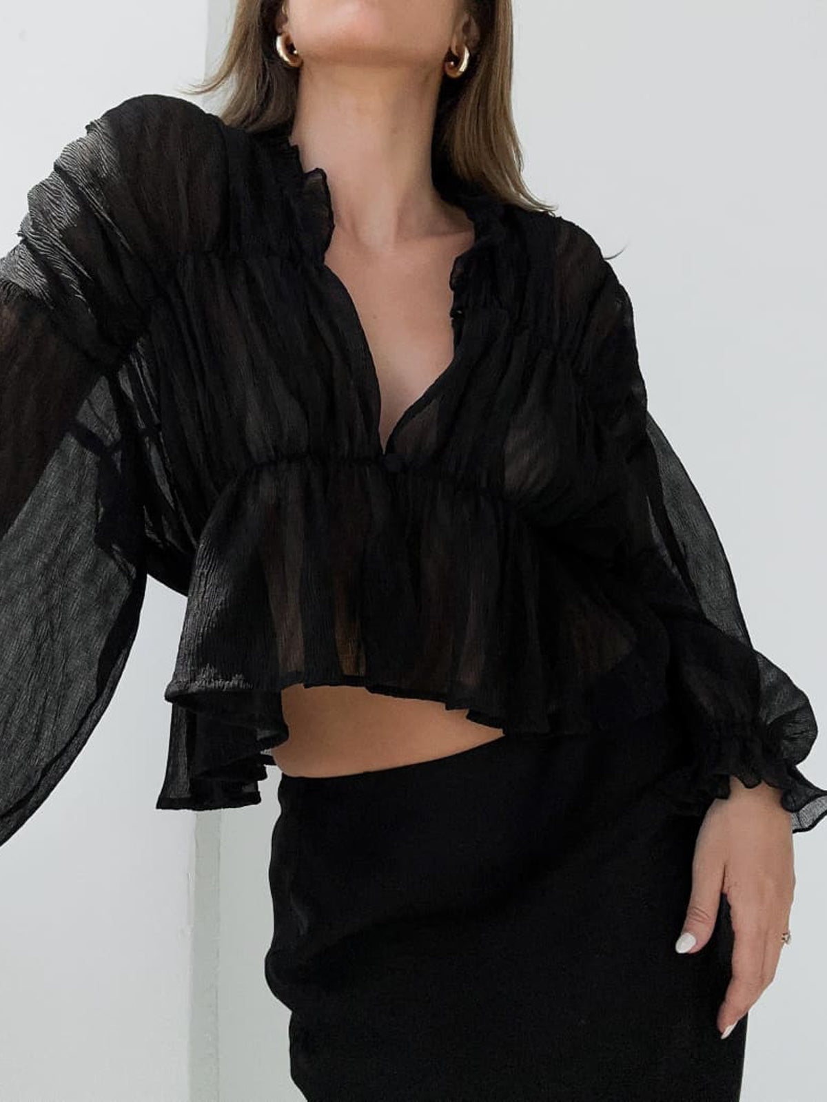Sheer Ruffles Garments Sheer Chiffon Ruffle Detail Blouse | COMMENSE