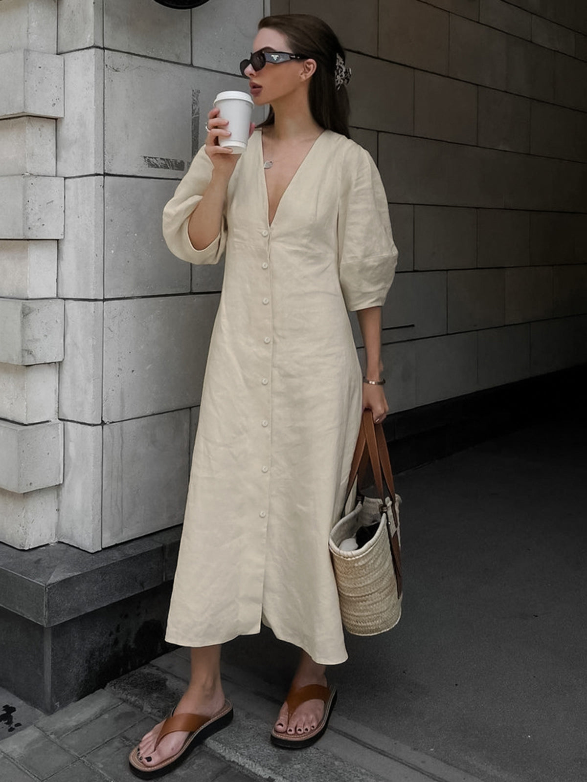 Cotton & Linen Button-Front Knotted Long Dress – COMMENSE