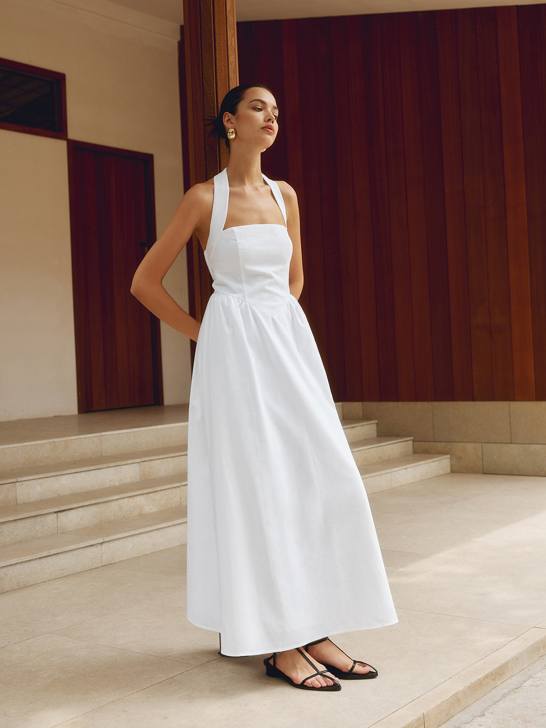 knee length dresses for ladies A Line Halter Neck Blue Chiffon Long Party Dresses main image 1