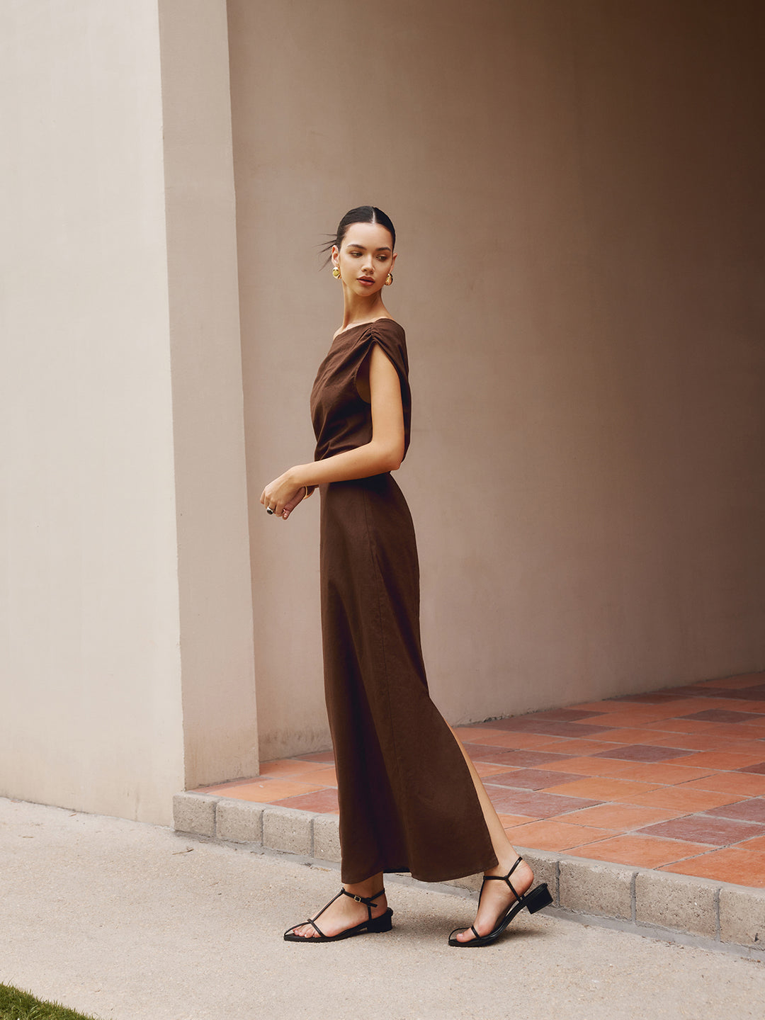 Cotton & Linen Asymmetrical Neck Dress | COMMENSE Cotton & Linen Asymmetrical Neck Dress | COMMENSE