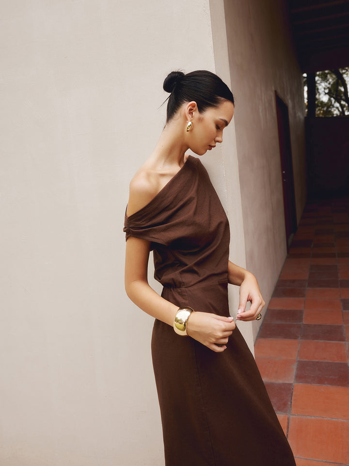 Cotton & Linen Asymmetrical Neck Dress | COMMENSE Cotton & Linen Asymmetrical Neck Dress | COMMENSE