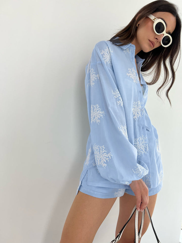 Semi-Sheer Plant Embroidery Casual Shorts Set | COMMENSE