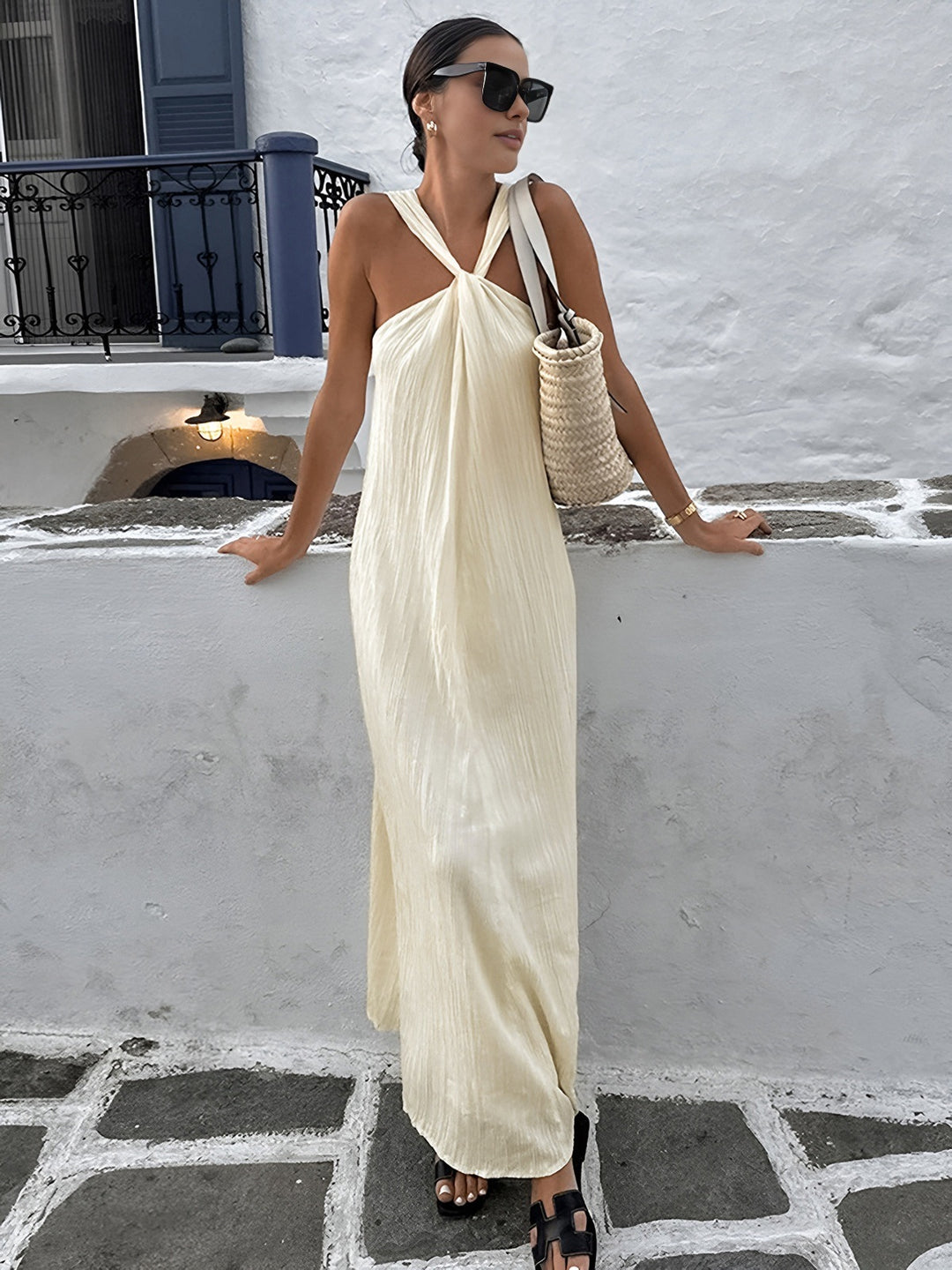 Creamy halter long dress - Off-White - S Creamy halter long dress - Off-White - S