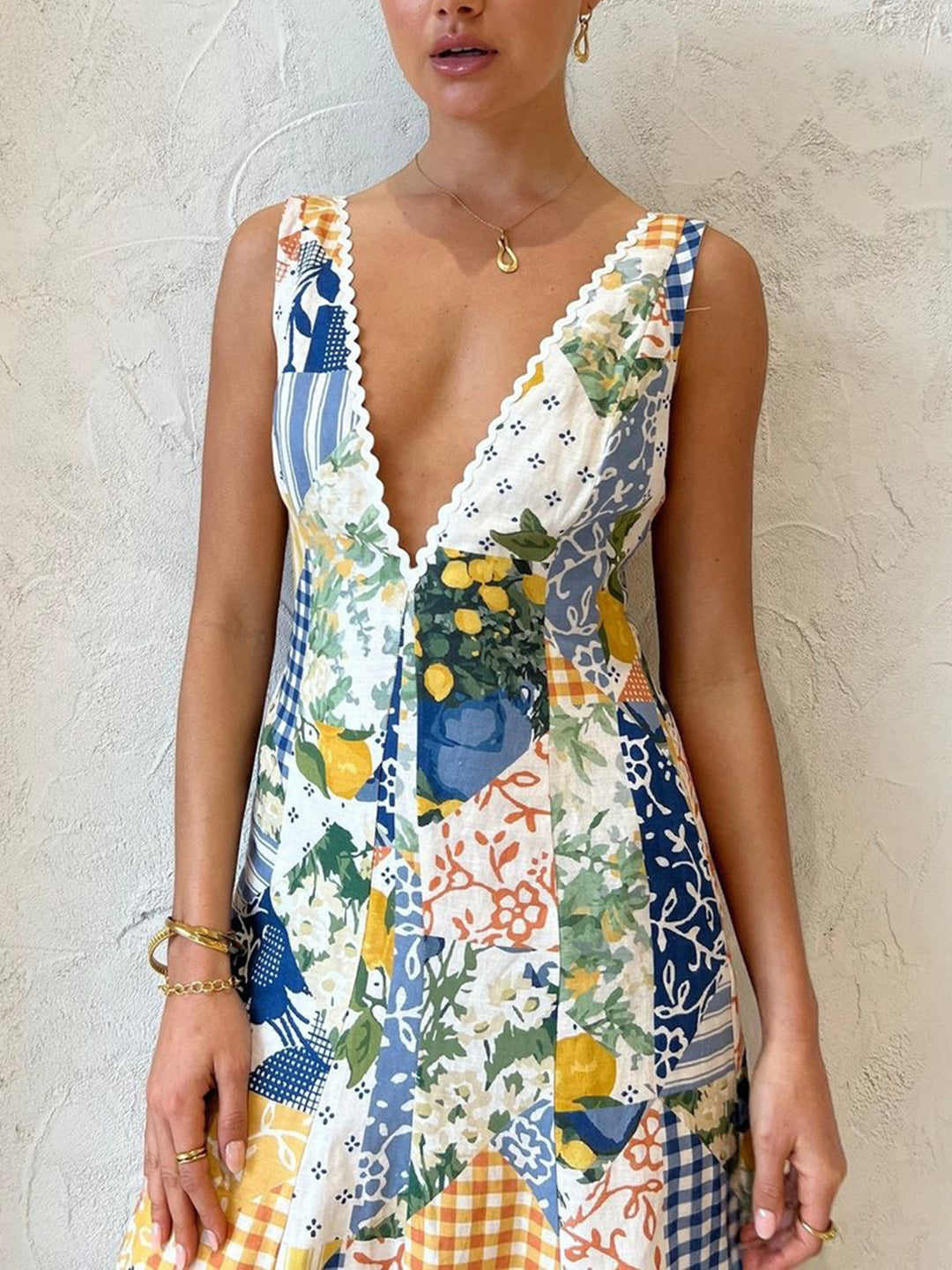 Lemonade Print Lace Trim Long Dress – COMMENSE