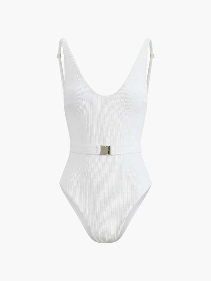 Marshmallow Belted One Piece Swimsuit COMMENSE
