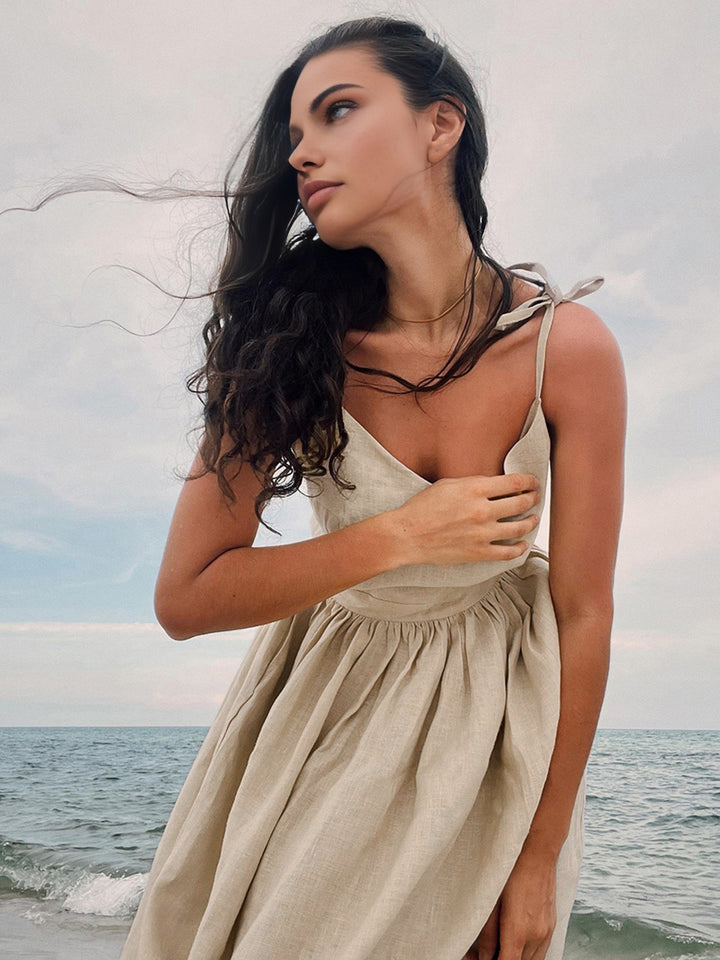 Backless Tied Sphaghetti Straps Cotton Linen Long Dress for Sustainable Looks - Apricot - XS - Commense Backless Tied Sphaghetti Straps Cotton Linen Long Dress for Sustainable Looks - Apricot - XS - Commense