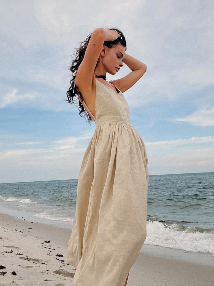 Commense Prairie Style Backless Tied Sphaghetti Straps Cotton Linen Maxi Dress for Daily Apricot XL