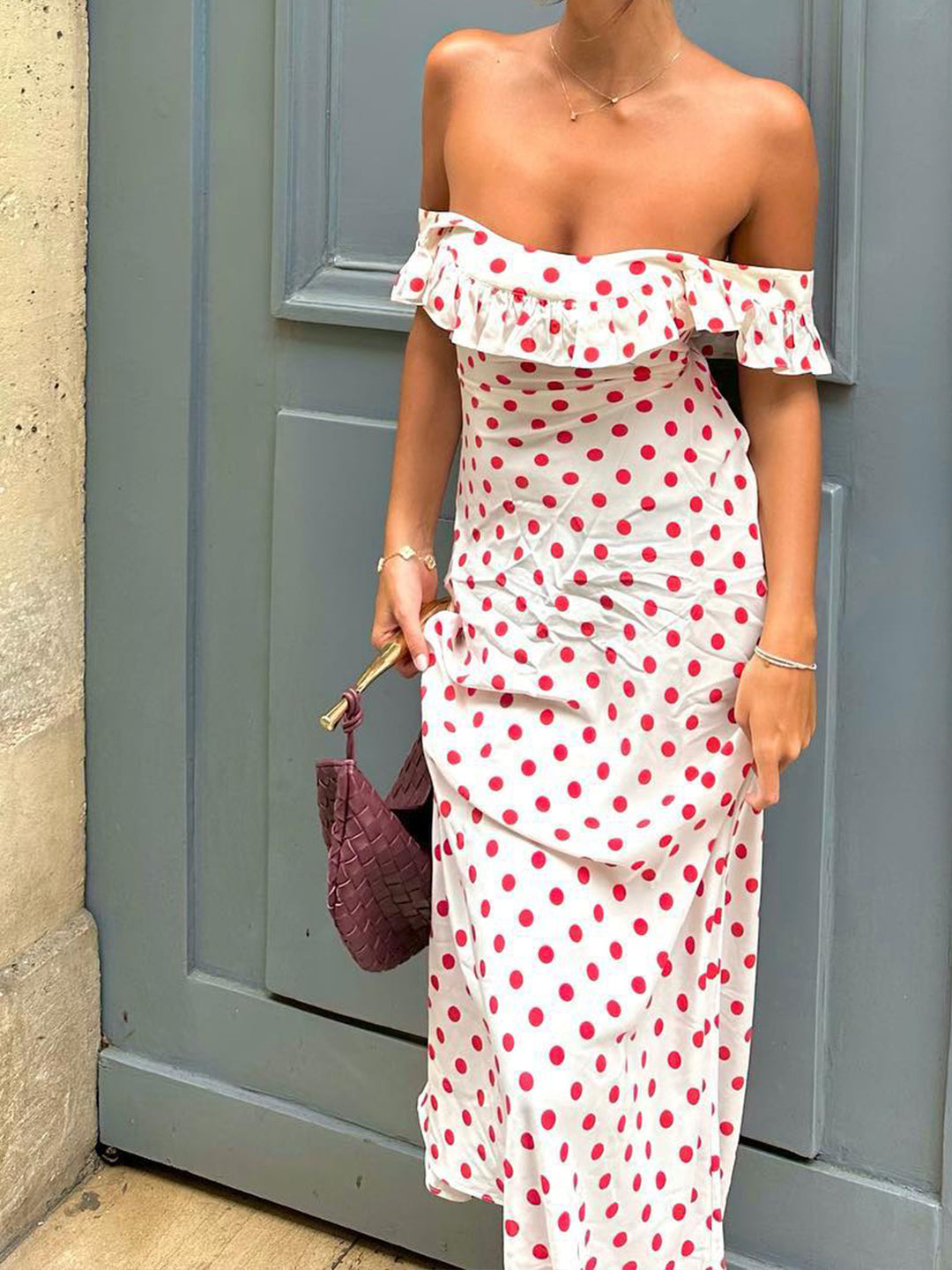 ★FRECKLE★ dot ruffle dress with corsage Polka Dot V-Neck Ruffle Sheath Dress | David's Bridal