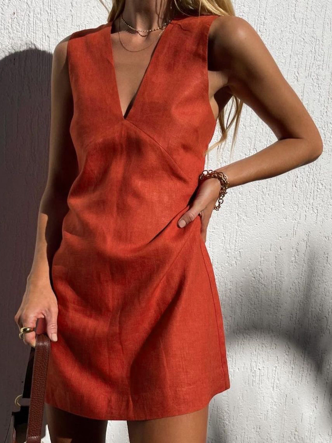 knee length dresses for ladies Cotton & Linen V-Neck Short Dress