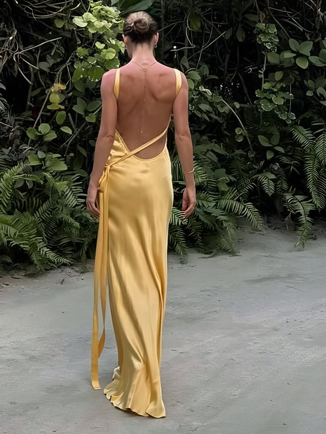 Semi-sheer satin asymmetrical one shoulder long dress - Yellow - XL - Commense Semi-sheer satin asymmetrical one shoulder long dress - Yellow - XL - Commense