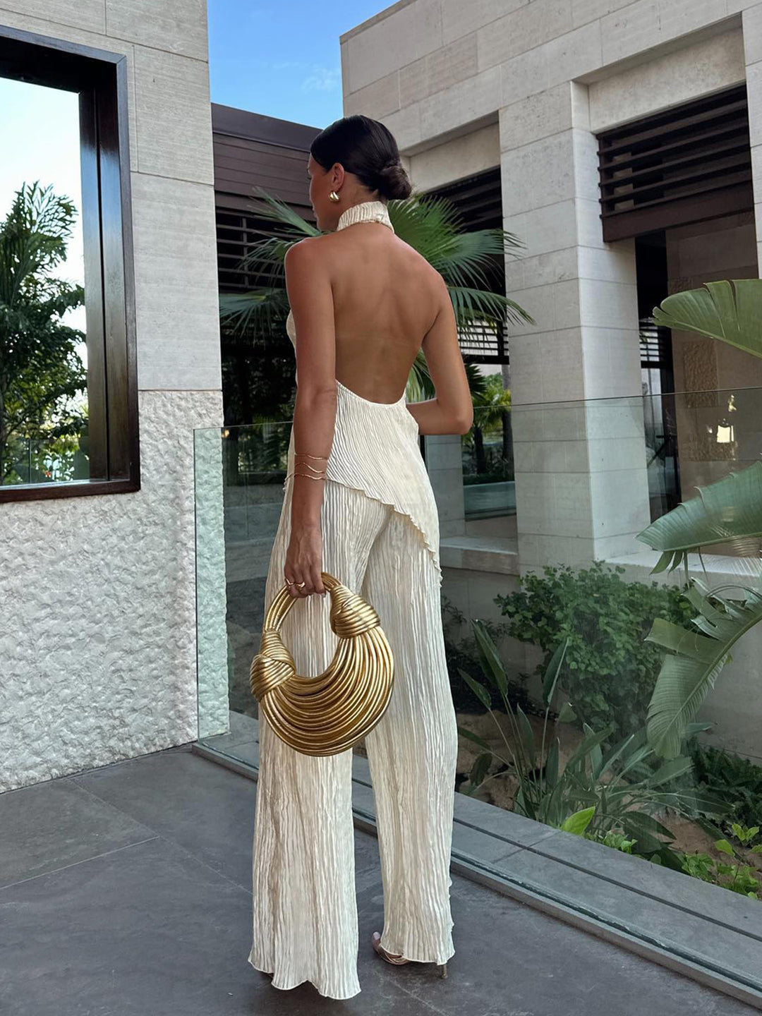 Asymmetric Halter Crop Top With Wide Leg Pants Set – COMMENSE