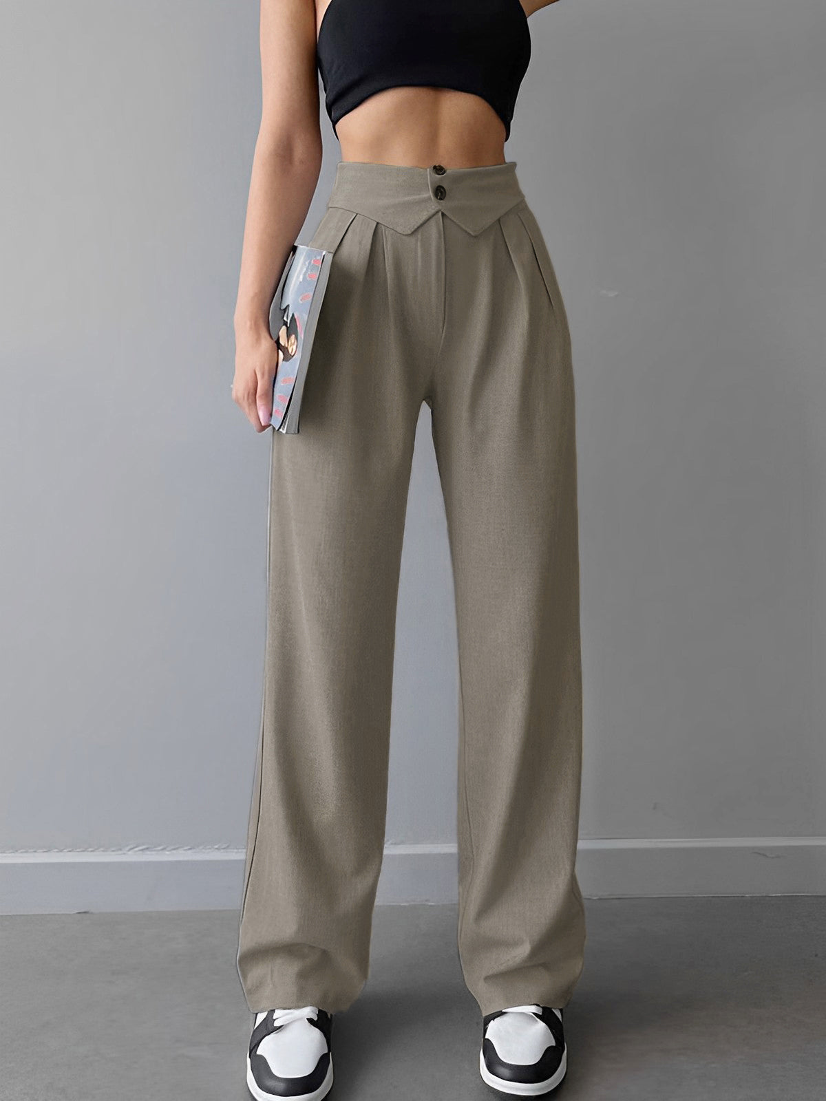 Street Fold Over Waistband Straight Leg Dress Pants – COMMENSE