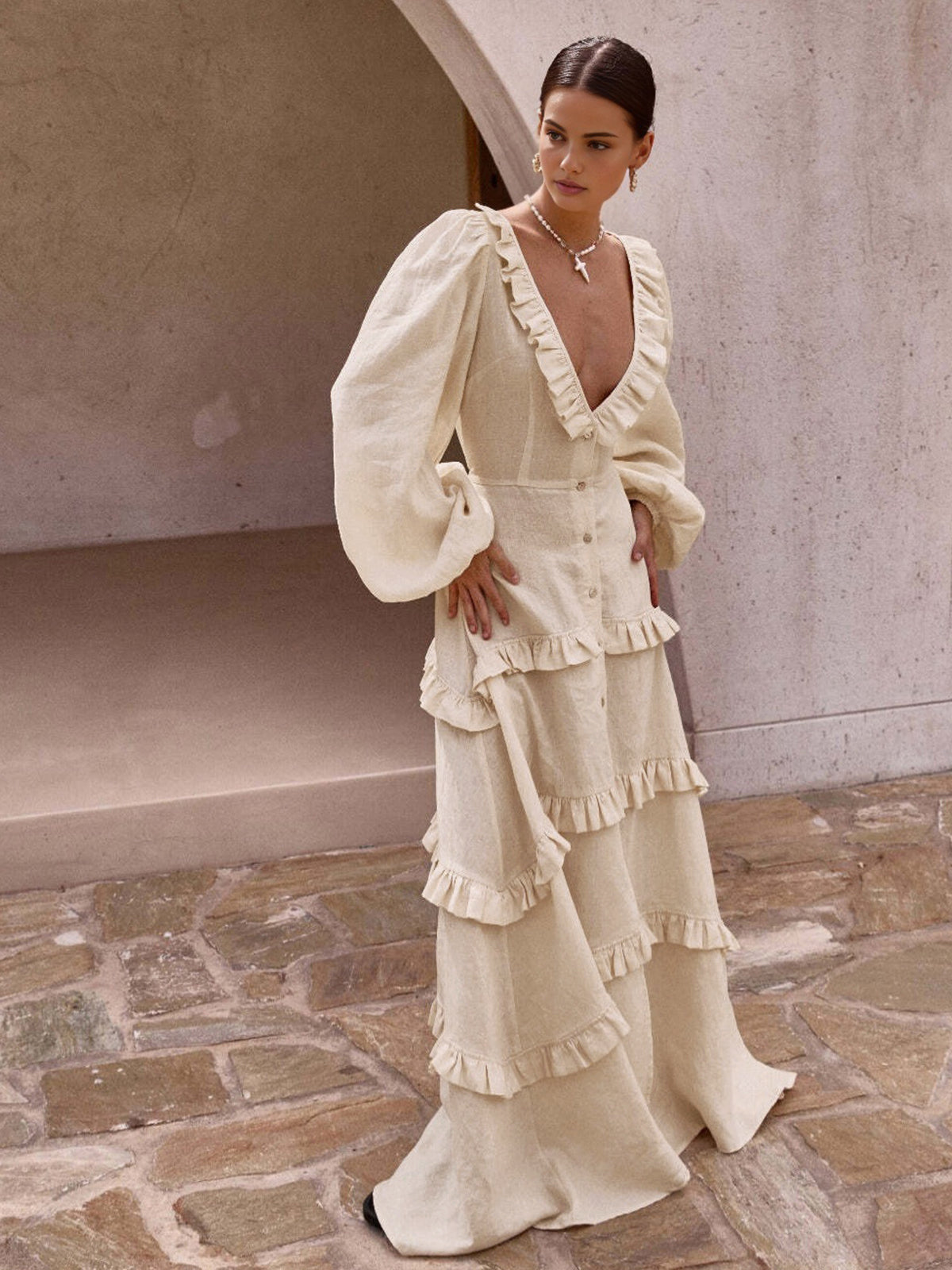 Cotton & linen semi-sheer ruffle trim long dress - Apricot