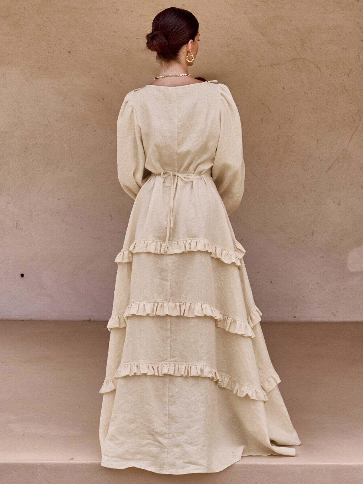Cotton & linen semi-sheer ruffle trim long dress - Apricot - XS Cotton & linen semi-sheer ruffle trim long dress - Apricot - XS