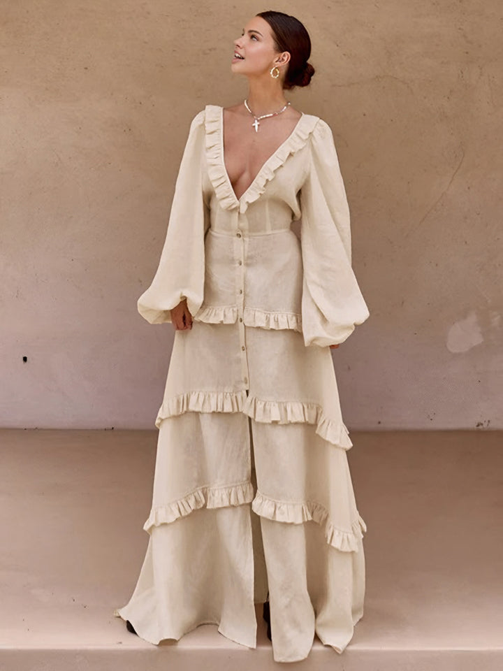 Cotton & linen semi-sheer ruffle trim long dress - Apricot