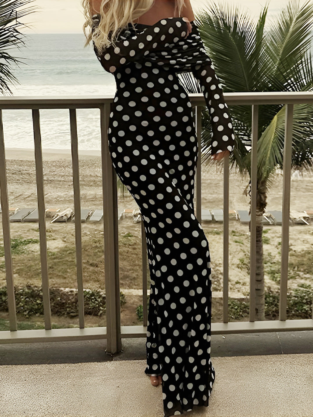 black white polka dot long sleeve dress Polka Dot Faux Wrap Dress