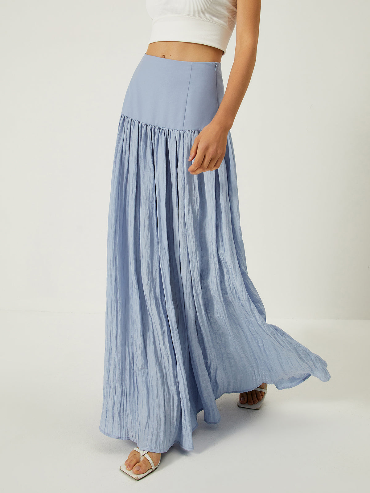 Solid High-Waisted Ruffle Pleated Maxi Skirt – COMMENSE