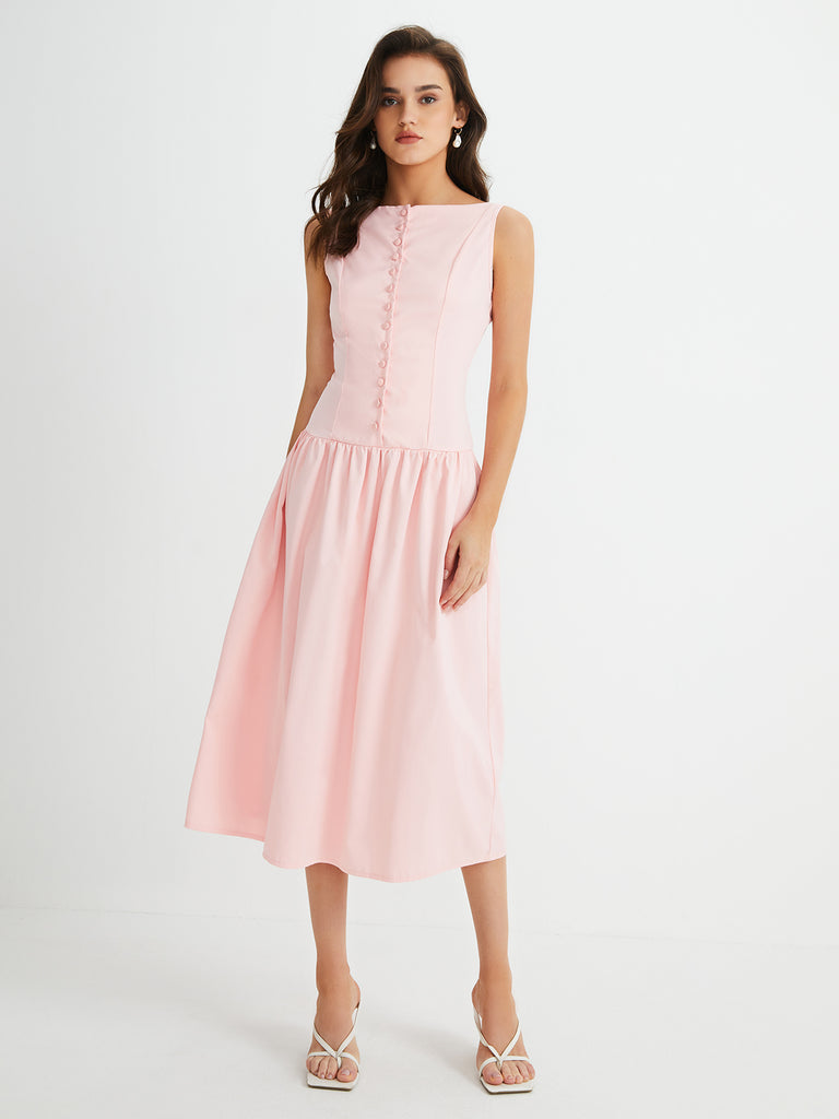 Multi-Button Sleeveless Pleated Midi Dress – COMMENSE