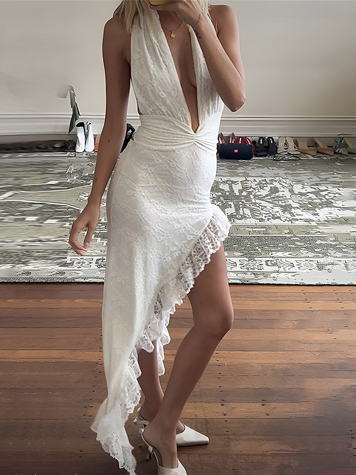 Semi-Sheer Asymmetrical Ruffle Hem Lace Dress | COMMENSE Semi-Sheer Asymmetrical Ruffle Hem Lace Dress | COMMENSE