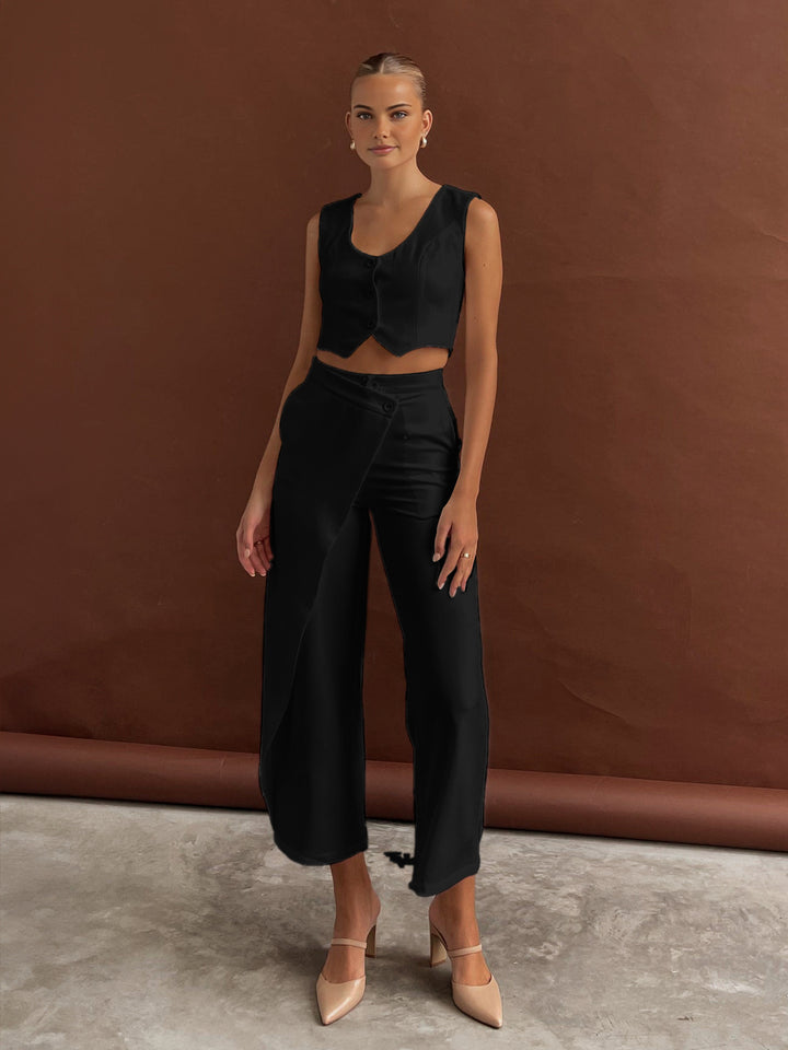 asymmetrical layer button wide leg dress pants Layered Button Wide-Leg Pants