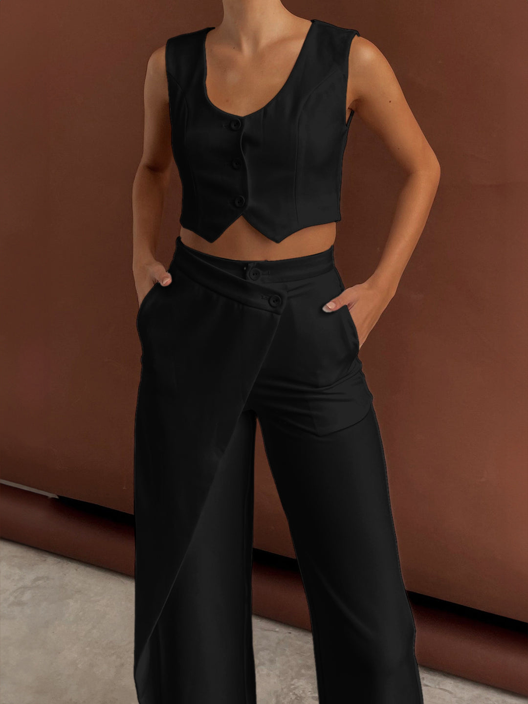 Solid Asymmetrical Straight Leg Pants Set | COMMENSE