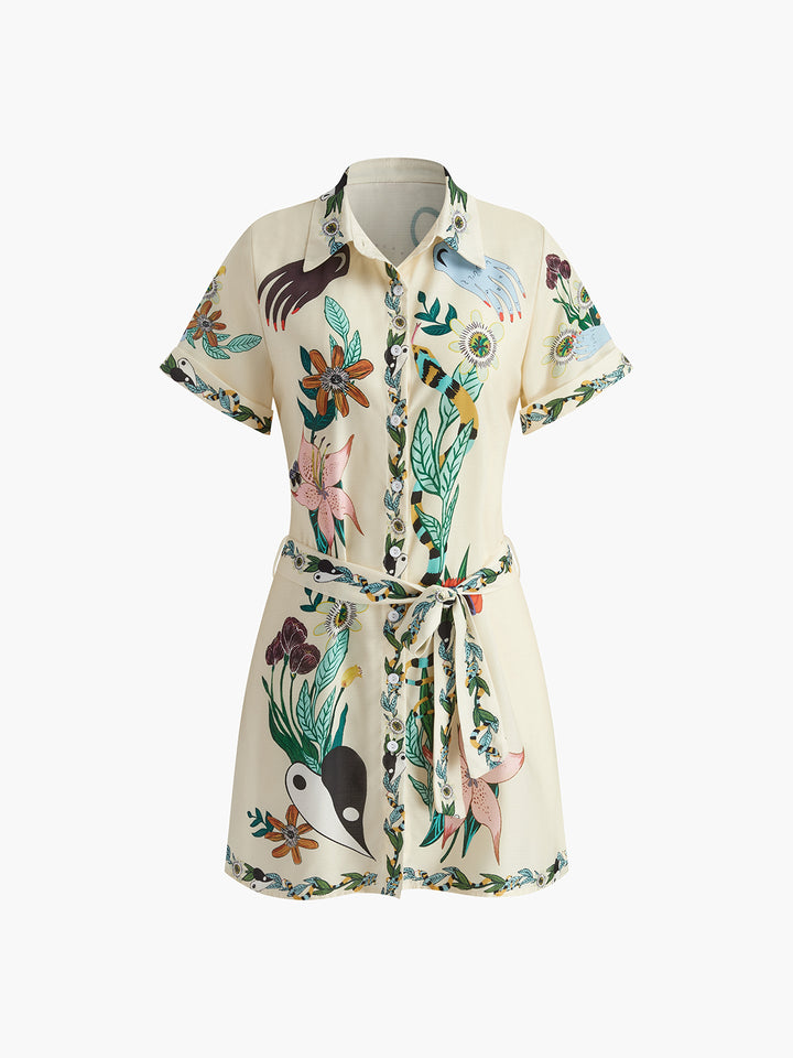 [JILLSTUART]★25SS★Belted Cotton Mix Short Sleeve Dress Casual Short Sleeve Round Neck Tiered Floral Dress - Petallush