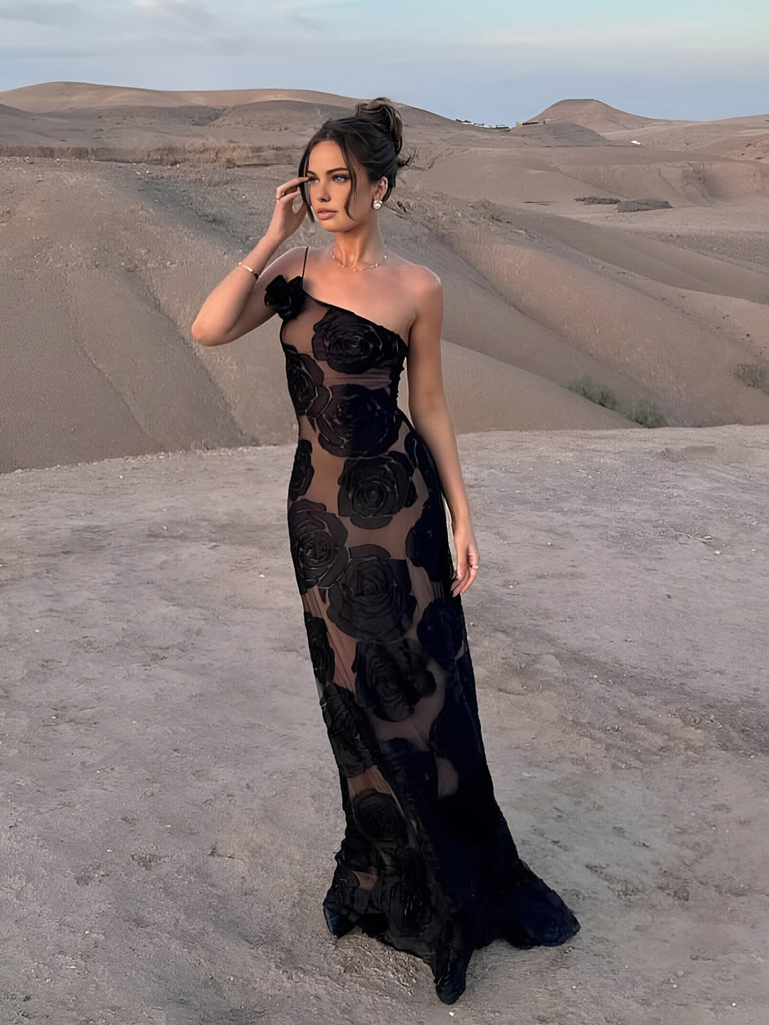 asymmetrical long black dress Cosmos