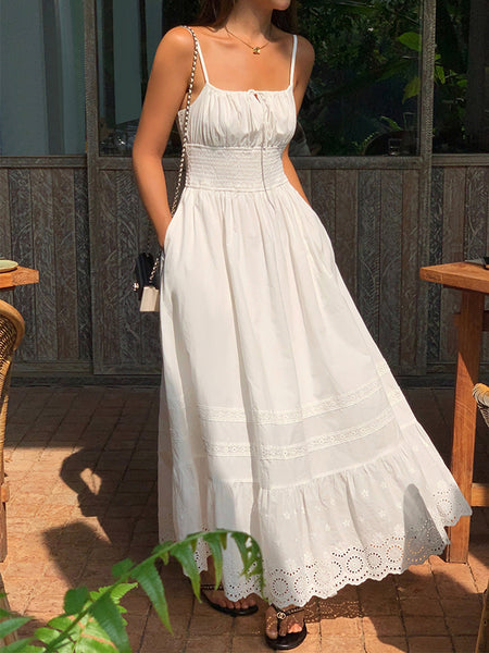 Embroidery Shift Shirred Long Dress – COMMENSE