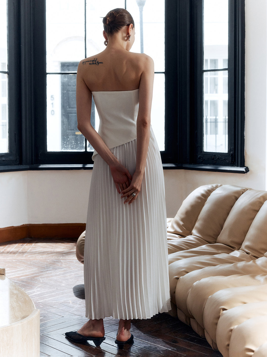 Solid Pleated Strapless Split Dress | COMMENSE Solid Pleated Strapless Split Dress | COMMENSE