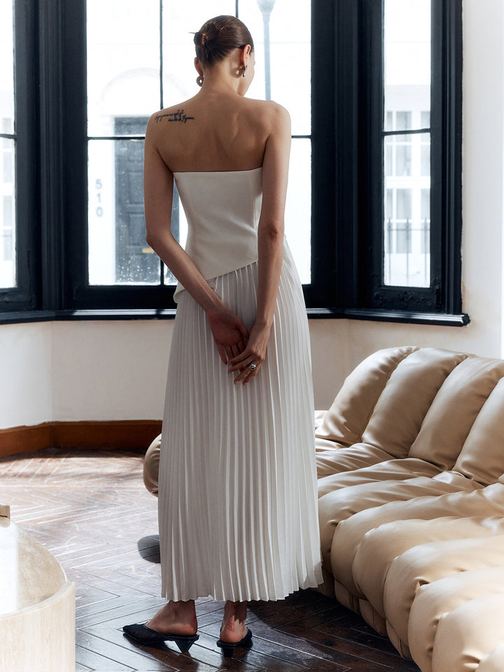 commense solid pleated strapless split dress Sleeveless Pleated Long Dress