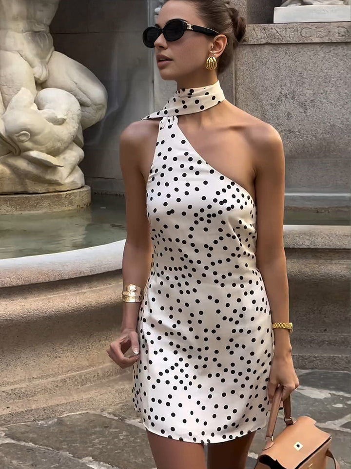 Satin Polka Dot Asymmetrical Dress | COMMENSE