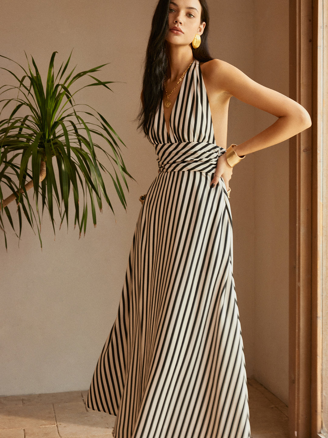 Stripe Backless Pockets Dress - BlackandWhite - L