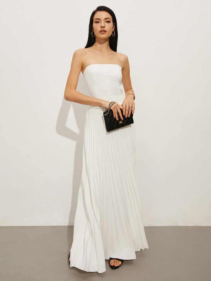 commense solid pleated strapless split dress Solid Pleated Strapless Split Dress