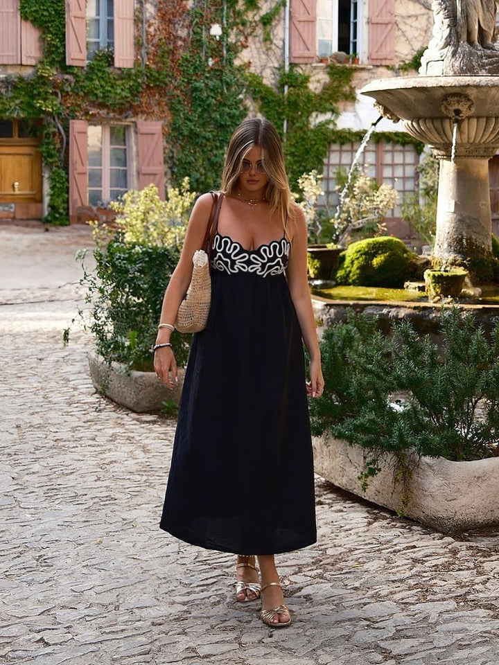 Embroidered Shirred Spaghetti Strap Long Dress – COMMENSE