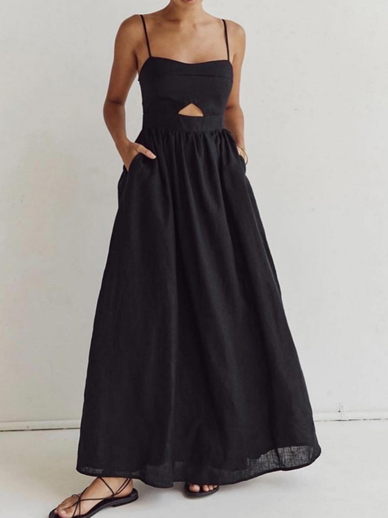 Cotton sleeveless pockets cutout long dress - Red
