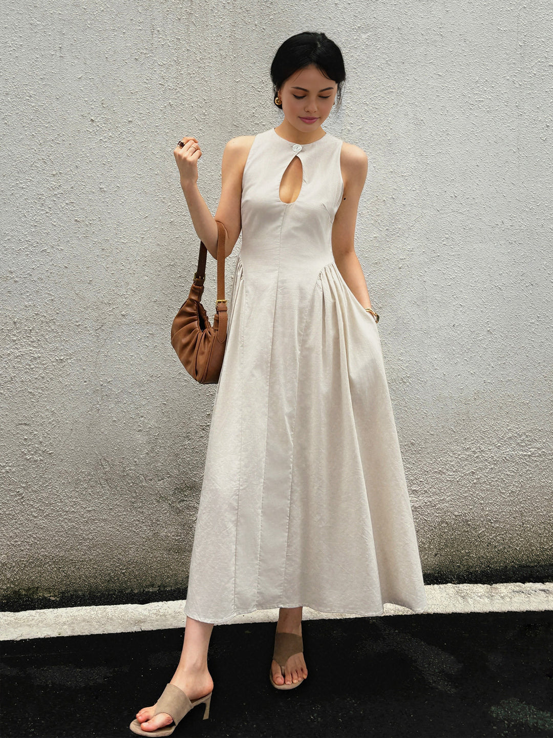 Cotton & Linen Pleated Cutout Long Dress | COMMENSE Cotton & Linen Pleated Cutout Long Dress | COMMENSE