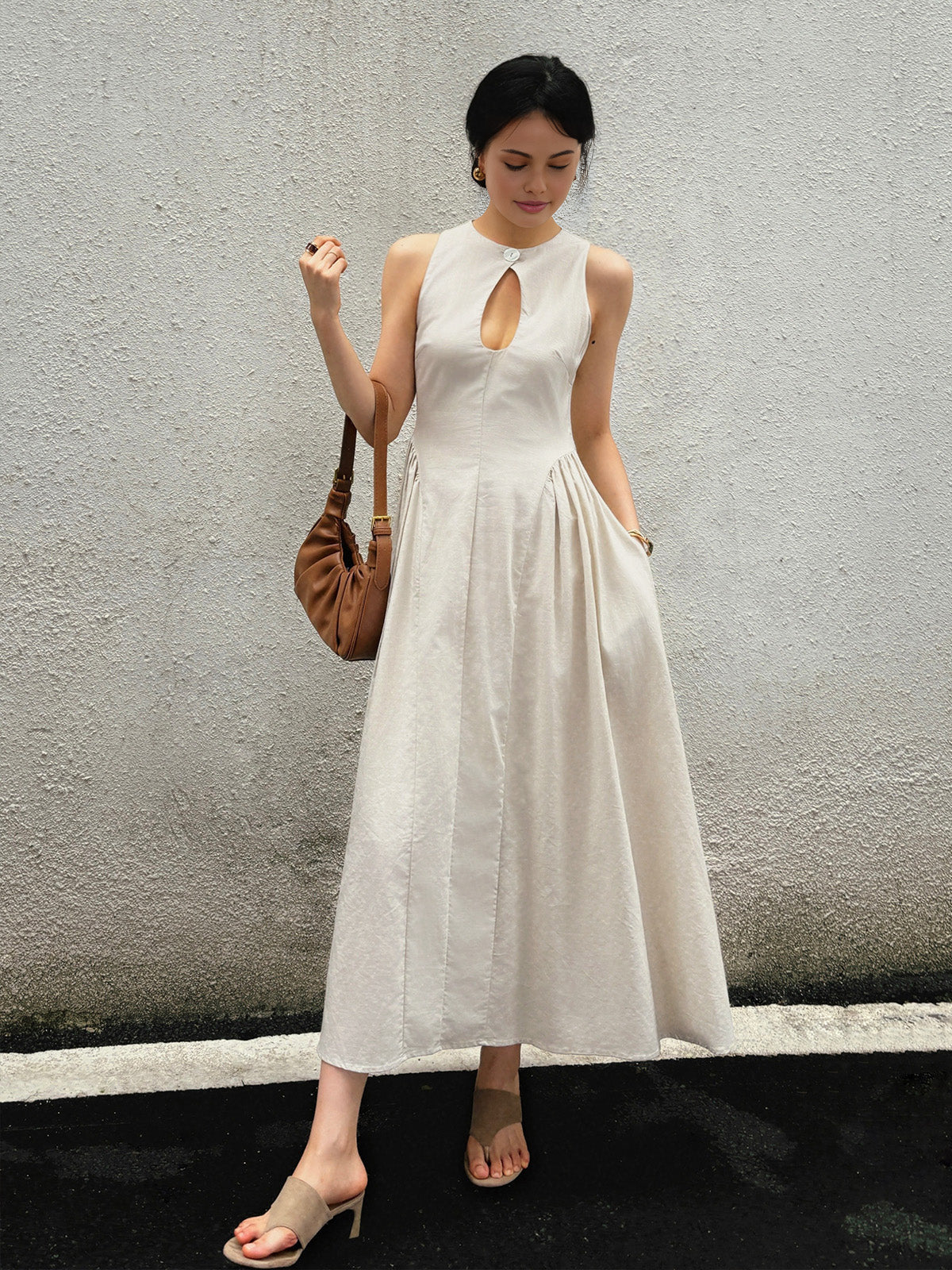Cotton & Linen Pleated Cutout Long Dress Cotton & Linen Pleated Cutout Long Dress