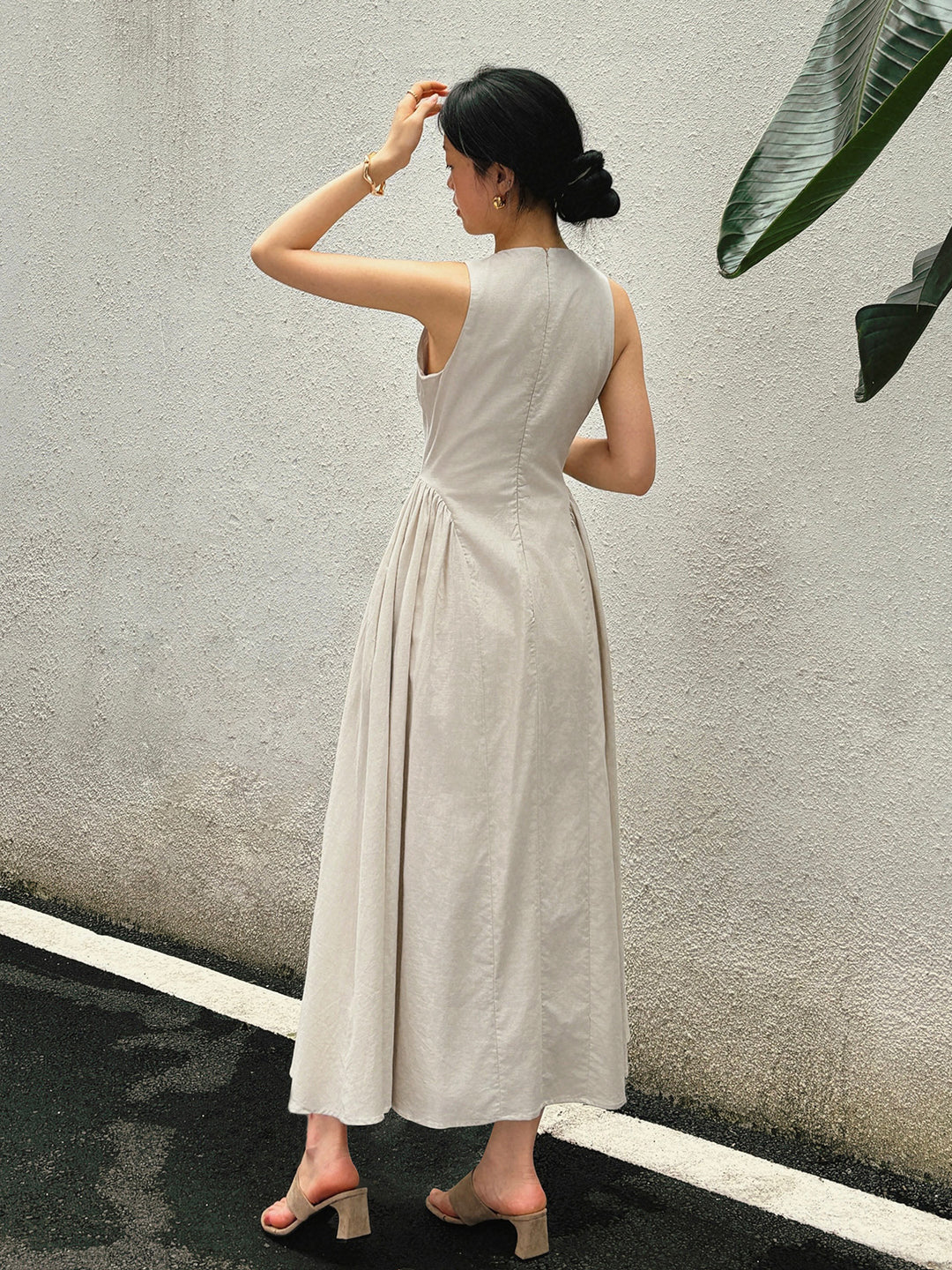 Cotton & Linen Pleated Cutout Long Dress | COMMENSE Cotton & Linen Pleated Cutout Long Dress | COMMENSE