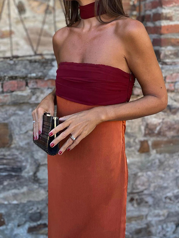 commense solid pleated strapless split dress Strapless Pleated Maxi Dress