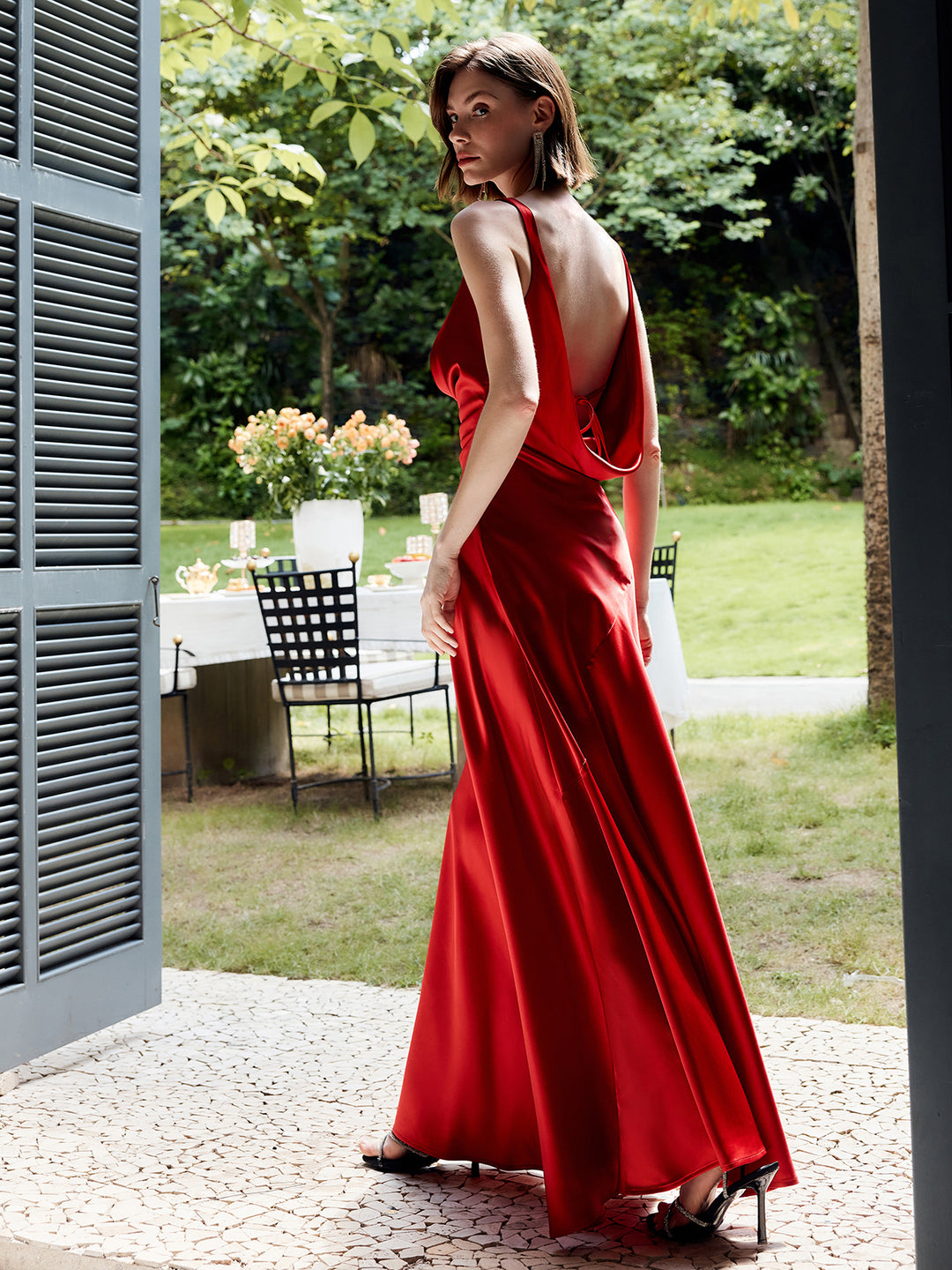 Pleated Backless Satin Tank Long Dress | COMMENSE