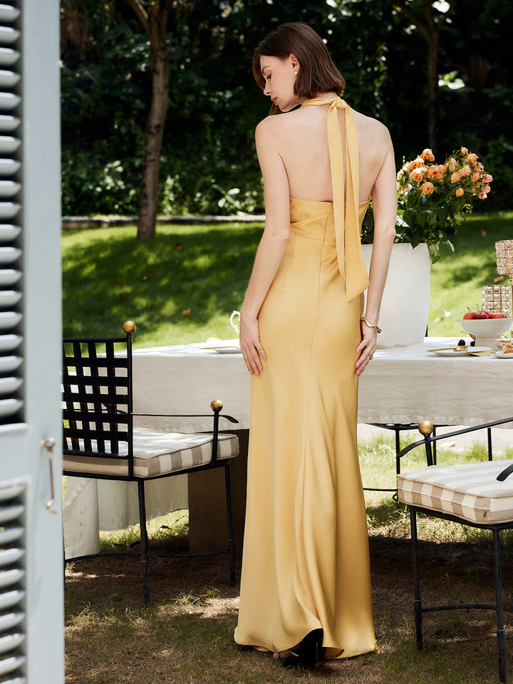 yellow backless satin dress Long A-line Sweetheart Backless Satin Prom Dress Yellow Formal Graduation Evening Dresses