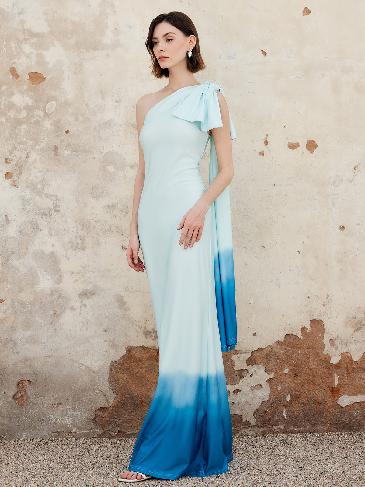 ombre one shoulder long dress Long Ombre Pleated Formal Dress with One Long Sleeve Blue Ombre / 8