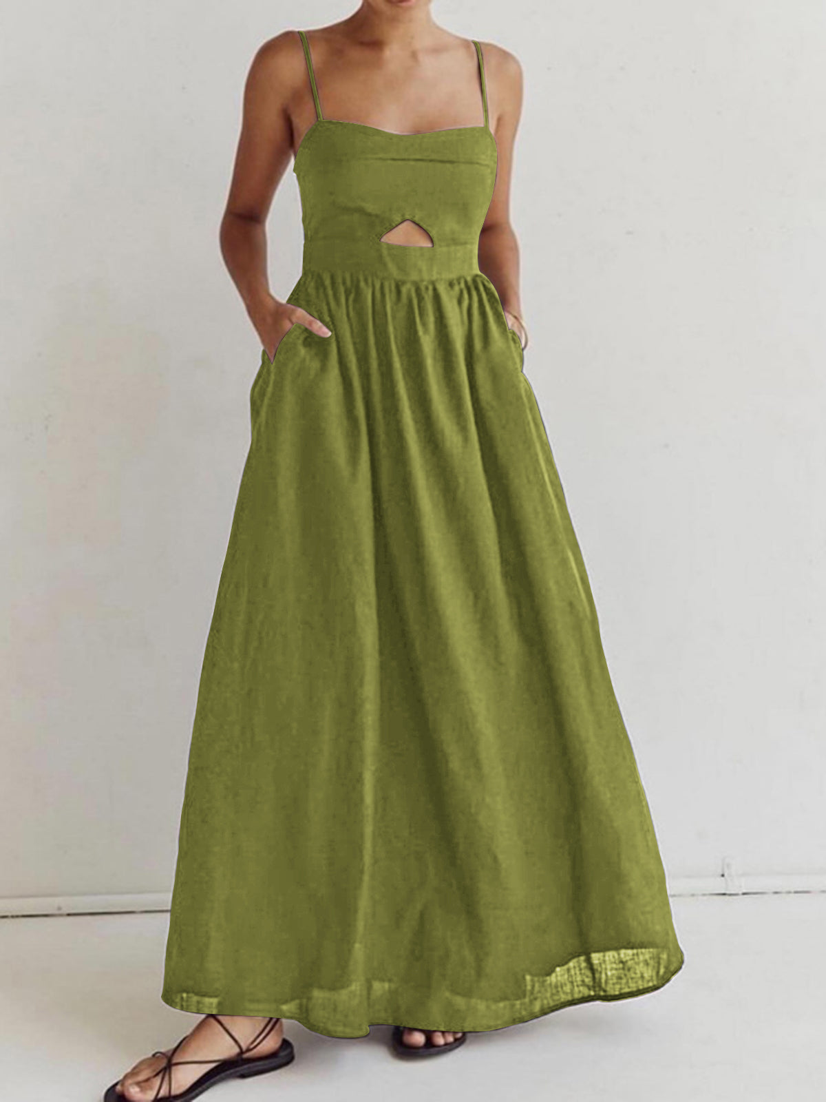Cotton Sleeveless Pockets Cutout Long Dress – COMMENSE