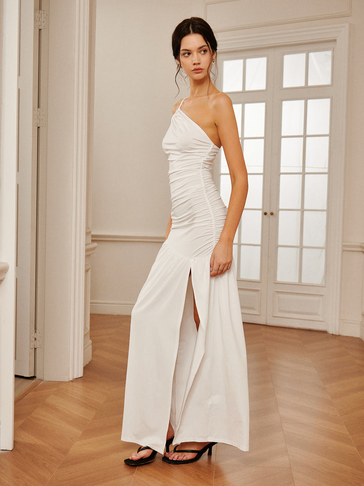 【THE MOZZ】unbalance pleated long one piece One-shoulder Long Dress With Drapes | Blumarine